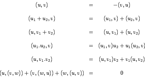 \begin{displaymath}\begin{array}{ccc}
(u,v) & = & -(v,u)\\
& & \\
(u_1+u_2,v) ...
...er\\
& & \\
(u,(v,w))+(v,(w,u))+(w,(u,v)) & = & 0
\end{array}\end{displaymath}