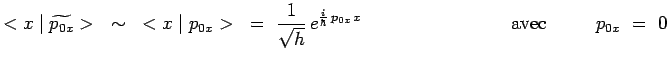 $\displaystyle <x\mid\widetilde{p_{0x}}>~\sim~<x\mid{p_{0x}}>~=~\frac{1}{\sqrt{h...
...ac{i}{\hbar}\,p_{0x}\,x}~~~~~~~~~~~~~~~~~~~~~~~~\mathrm{avec}~~~~~~~~p_{0x}~=~0$