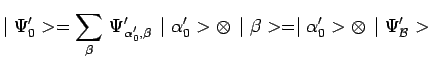 $\displaystyle \mid \Psi_0^\prime>=\sum\limits_{\beta}\,
\Psi^\prime_{\alpha_0^\...
...times\,\mid \beta> =\mid
\alpha_0^\prime>\otimes\,\mid \Psi^\prime_\mathcal{B}>$