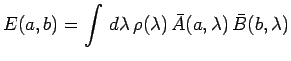 $\displaystyle E(a,b)=\int\,d\lambda\,\rho(\lambda)\,\bar{A}(a,\lambda)\,\bar{B}(b,\lambda)$
