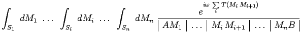 $\displaystyle \int_{S_1}~dM_1~\ldots~\int_{S_i}~dM_i~\ldots~\int_{S_n}~dM_n~
\f...
..._i\,M_{i+1}\\ \end{array}~\ldots~\begin{array}{\vert c\vert}M_nB\\ \end{array}}$