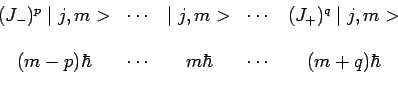 \begin{displaymath}\begin{array}{ccccc}
(J_-)^p \mid j,m> & \cdots & \mid j,m> &...
...p)\hbar & \cdots & m\hbar & \cdots & (m+q)\hbar \\
\end{array}\end{displaymath}